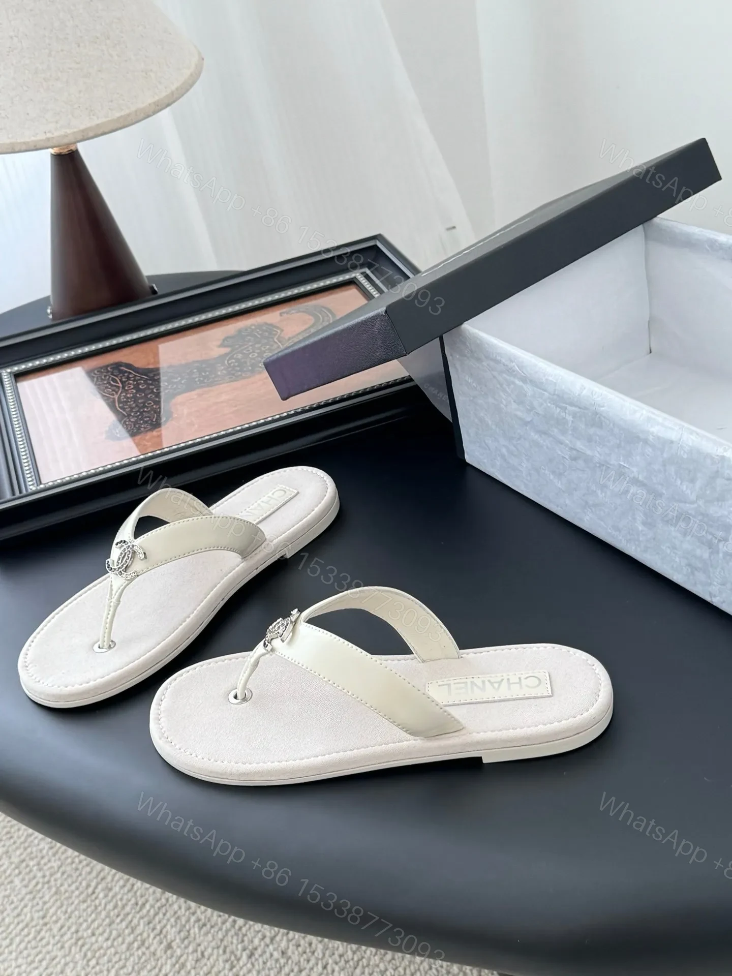 View 2 of Chanel Women White Leather Thong Sandals