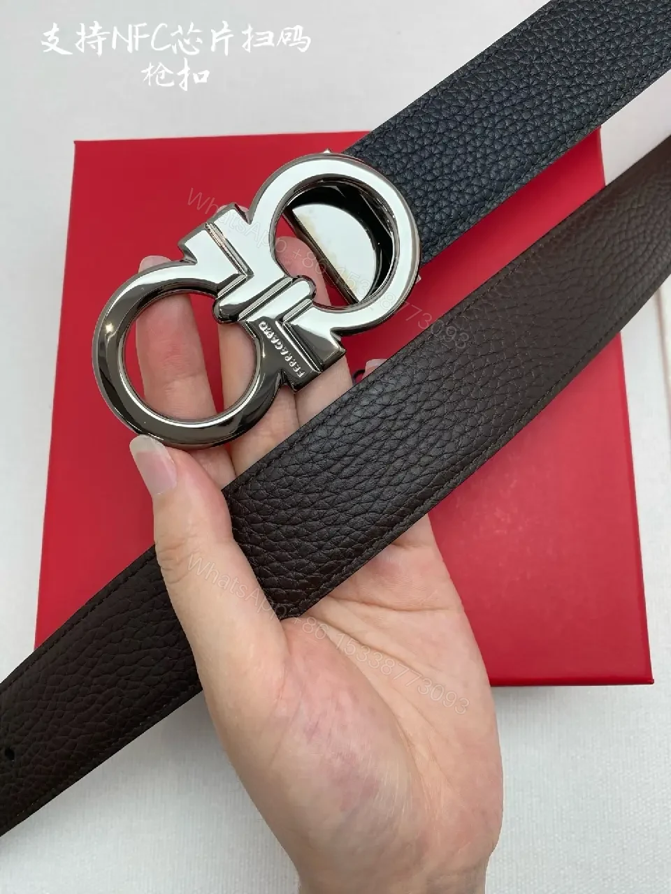 View 6 of Lux Leather Belt with Double-Gancini Buckle - Black Leather, Men’s Style