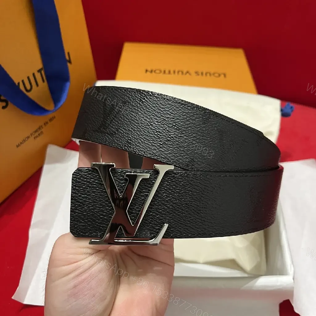 View 4 of Black Leather Belt - Pebbled Texture with Large Silver LV Buckle