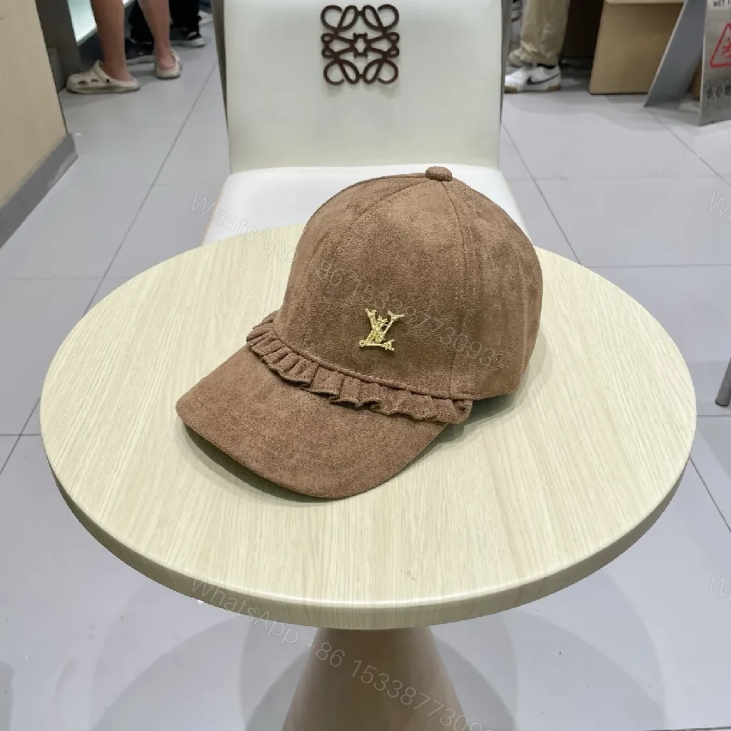 Brown Suede Cap with Gold Emblem - Textured Luxury Cap — view 1