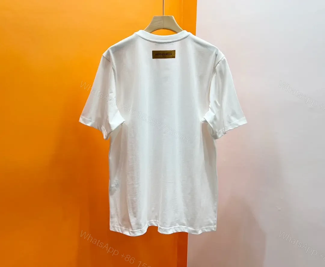 View 6 of White Cotton T-Shirt Circular LV Logo Graphic Diamonds Stars, Modern Style, Crew Neck, Short Sleeve, Black Neck Tag