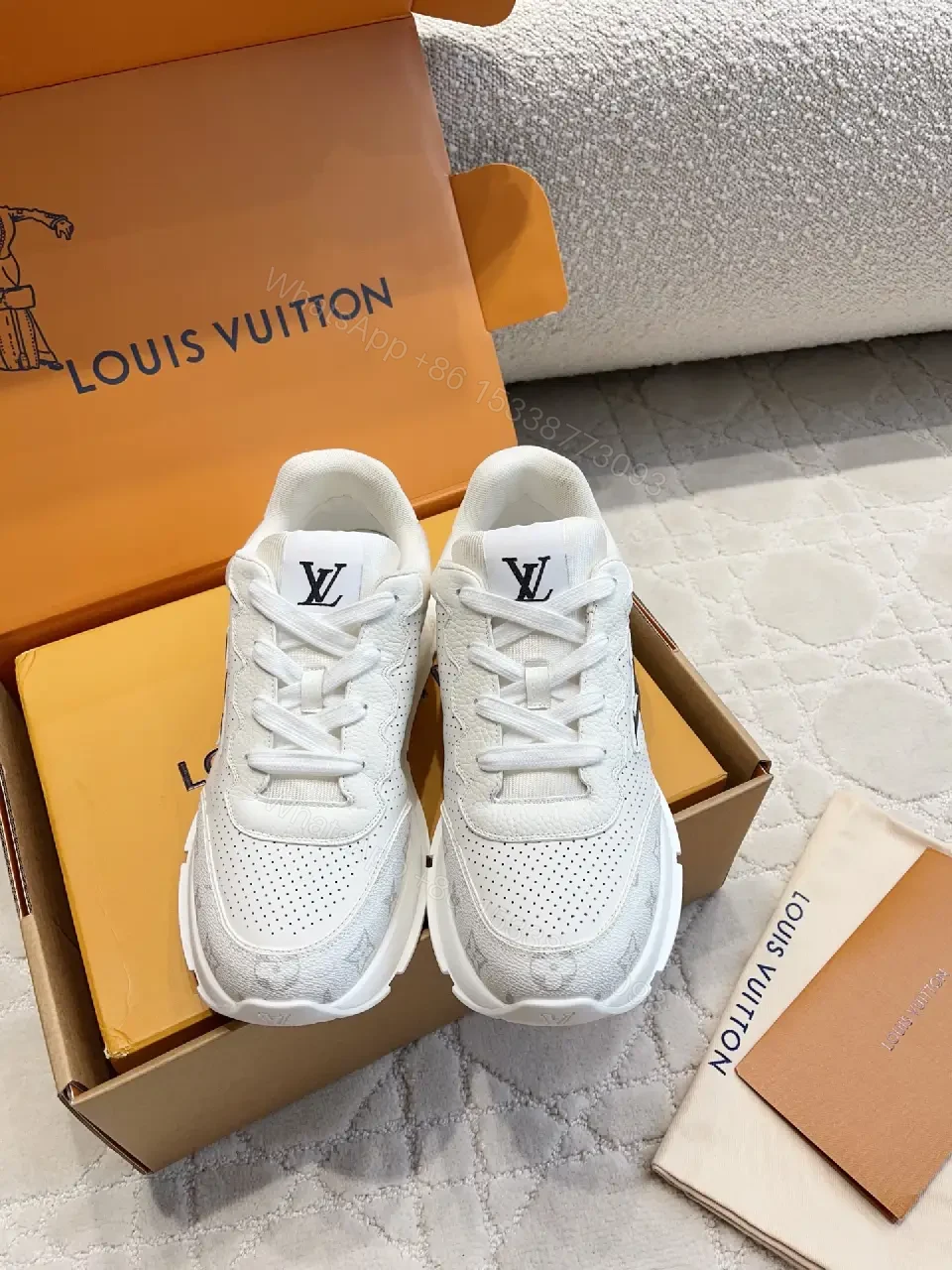 View 4 of White Leather Runner Sneakers Perforated Mesh Modern LV Logo Accent Shoes