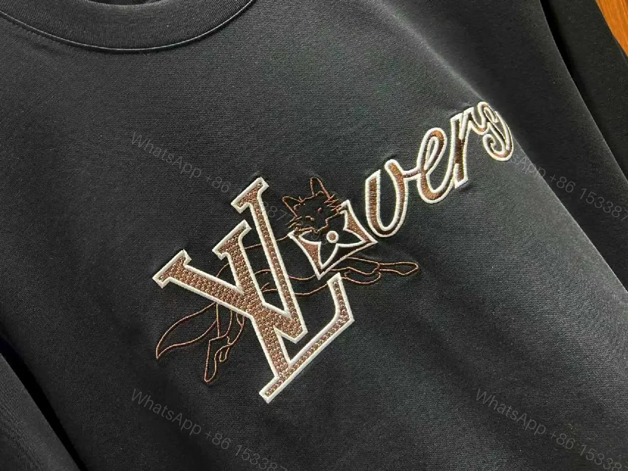 View 5 of White Cotton Crewneck Tee with LV-Inspired Embroidery, Casual Luxe Tee