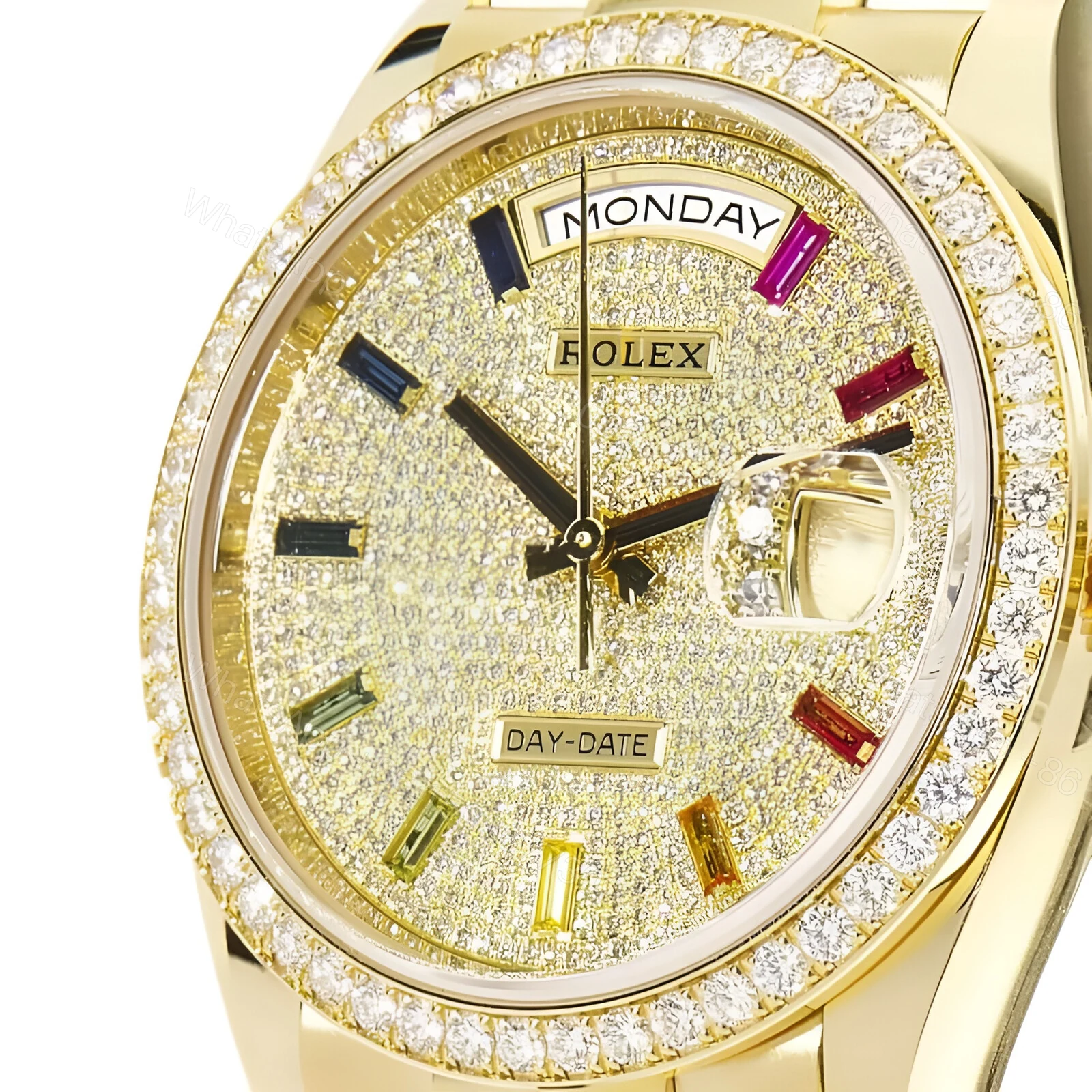 View 4 of Rolex Day-Date Yellow Gold With Pave Diamond Dial Sapphire 128348RBR-0030 Replica