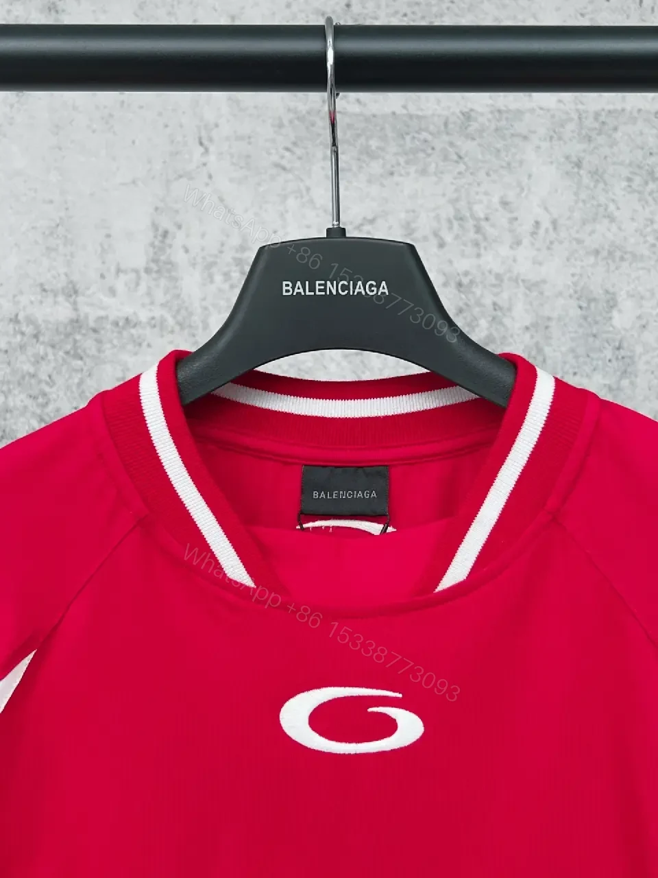 View 11 of Red Knit Jersey: Luxe Streetwear Crest Detail Top