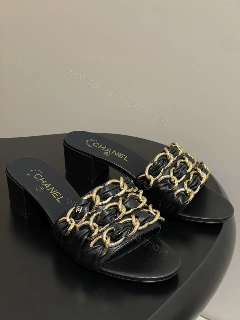 Black Leather Chain-Detail Mules, Open-Toe, Low Block Heel — view 1
