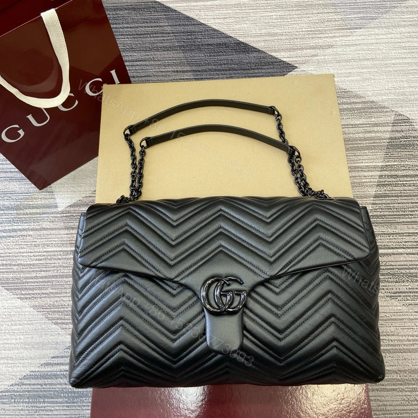 GUCCI 高仿黑色GG Marmont大包款 雙鍊菱格皮革 通勤精品推薦 — view 1