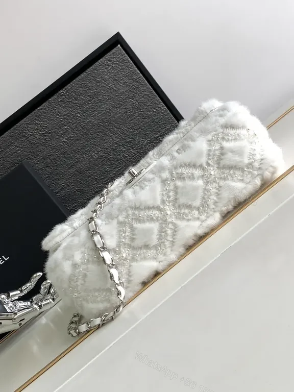 View 5 of White Faux-Fur Diamond Wallet Bag: Luxe, Structured, Signature Charm