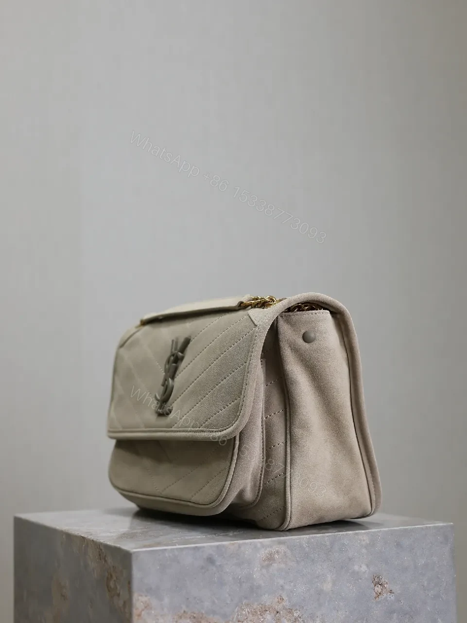 View 6 of Taupe Quilted Crossbody Bag - Suede-Feel, Chevron + Icon Hardware