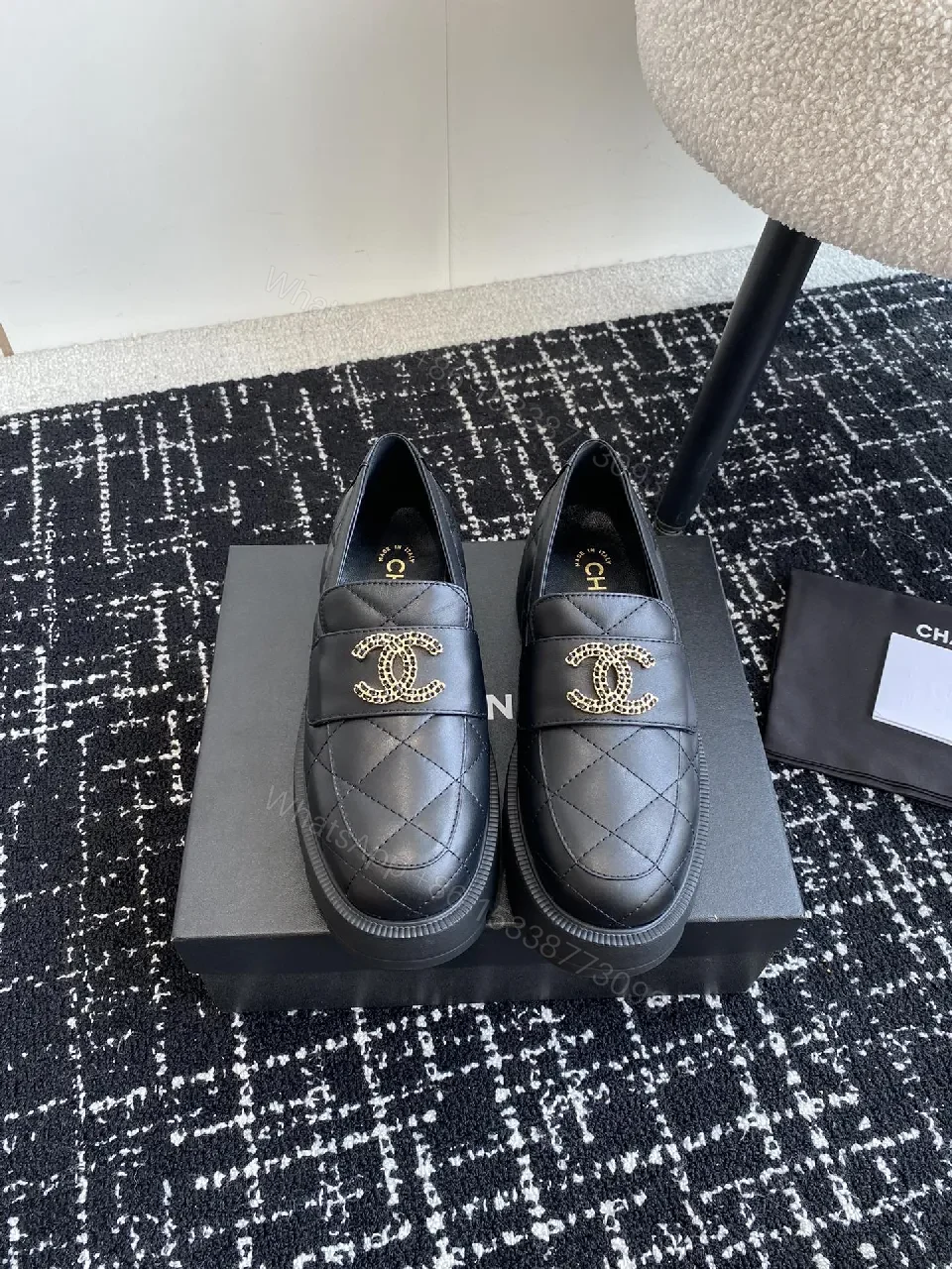View 3 of Quilted Leather Loafer Black with Gold Emblem Luxury Comfort
