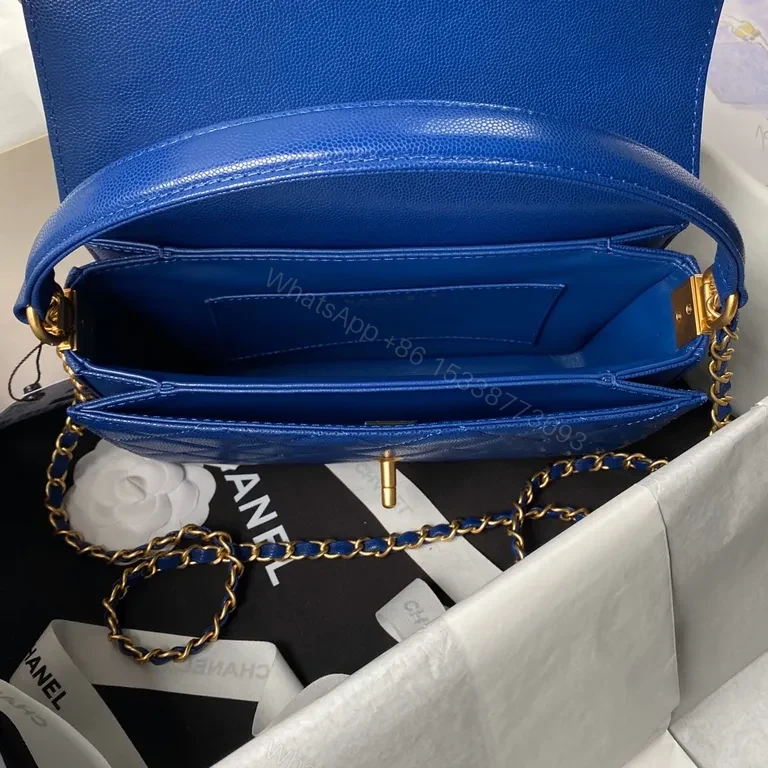 View 2 of Blue Quilted Mini Bag with Gold Hardware - Luxury Caviar Leather Style