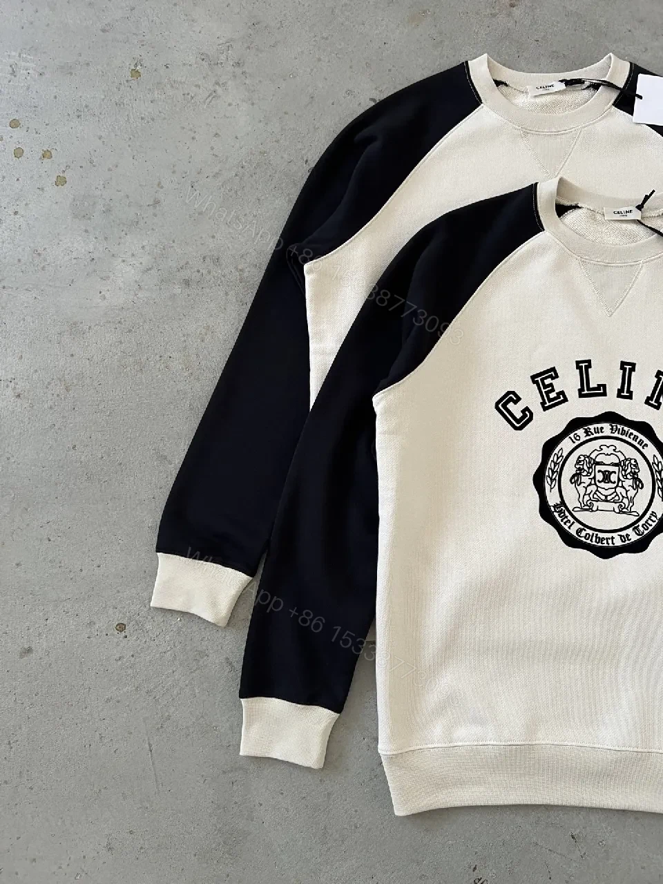 View 4 of Bold Contrast Crest Sweatshirt - Cream Body, Black Sleeves, Luxe Comfort
