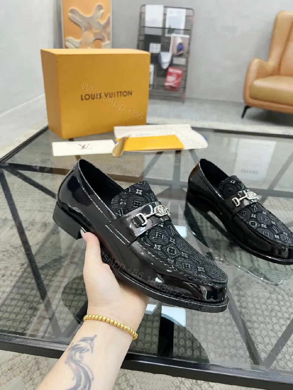 View 7 of Lux Black Patent Leather Loafers with Monogram Texture and Silv