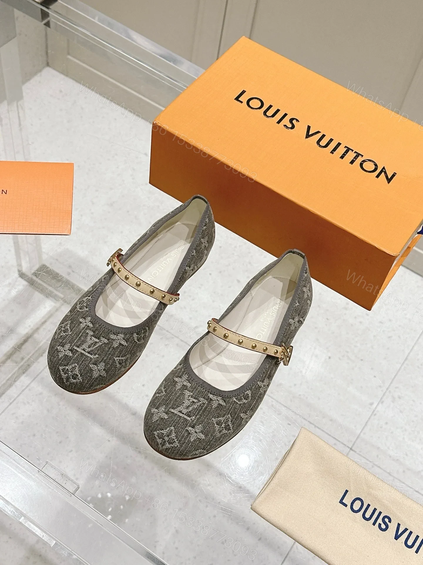 View 3 of LV Women Gray Fabric Studded Strap Flats