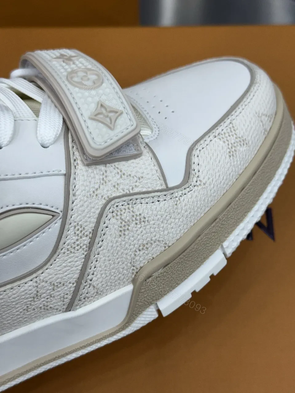 View 4 of White Leather-Texture High-Top Sneakers with Velcro