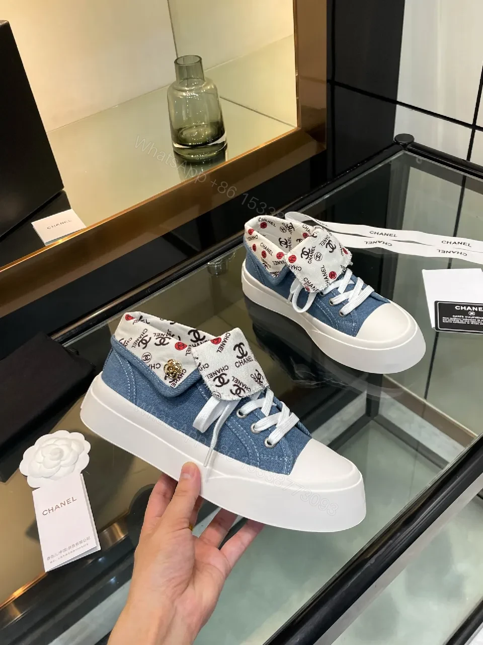 View 5 of Chic Denim High-Top Sneakers with Logo Cuff