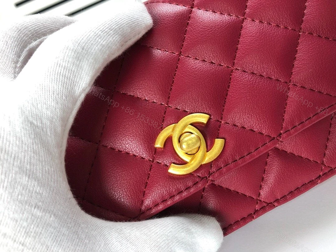 View 5 of WALLET ON CHAIN Grained Shiny Calfskin & Gold-Tone Metal Dark Burgundy