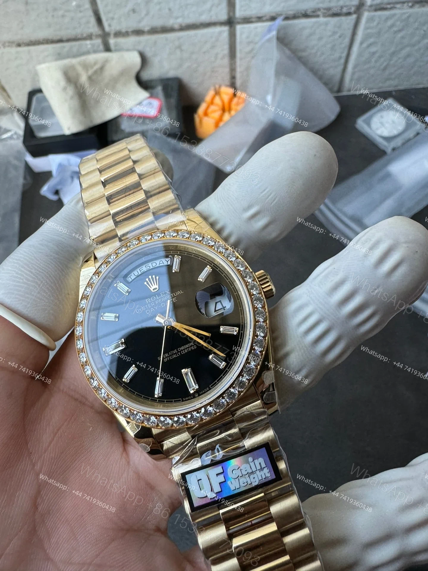 View 11 of Rolex Day-Date M228348RBR-0001 1:1 Replica Moissanite Diamond Bezel Black Dial 40MM 3255 Movement Super Clone Watch