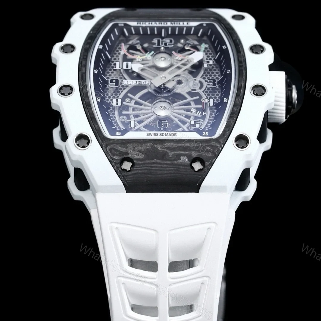 View 5 of Richard Mille RM21-01 Automatic Skeleton Watch 40MM Black Carbon Fiber Case White Bezel White Strap Premium Edition RM-RM21-01-BLK-CARBON-WHT-40