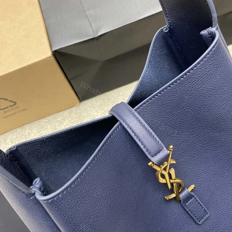 View 6 of Navy Leather Shoulder Bag: Structured Luxe with Gold-YSL Hardware