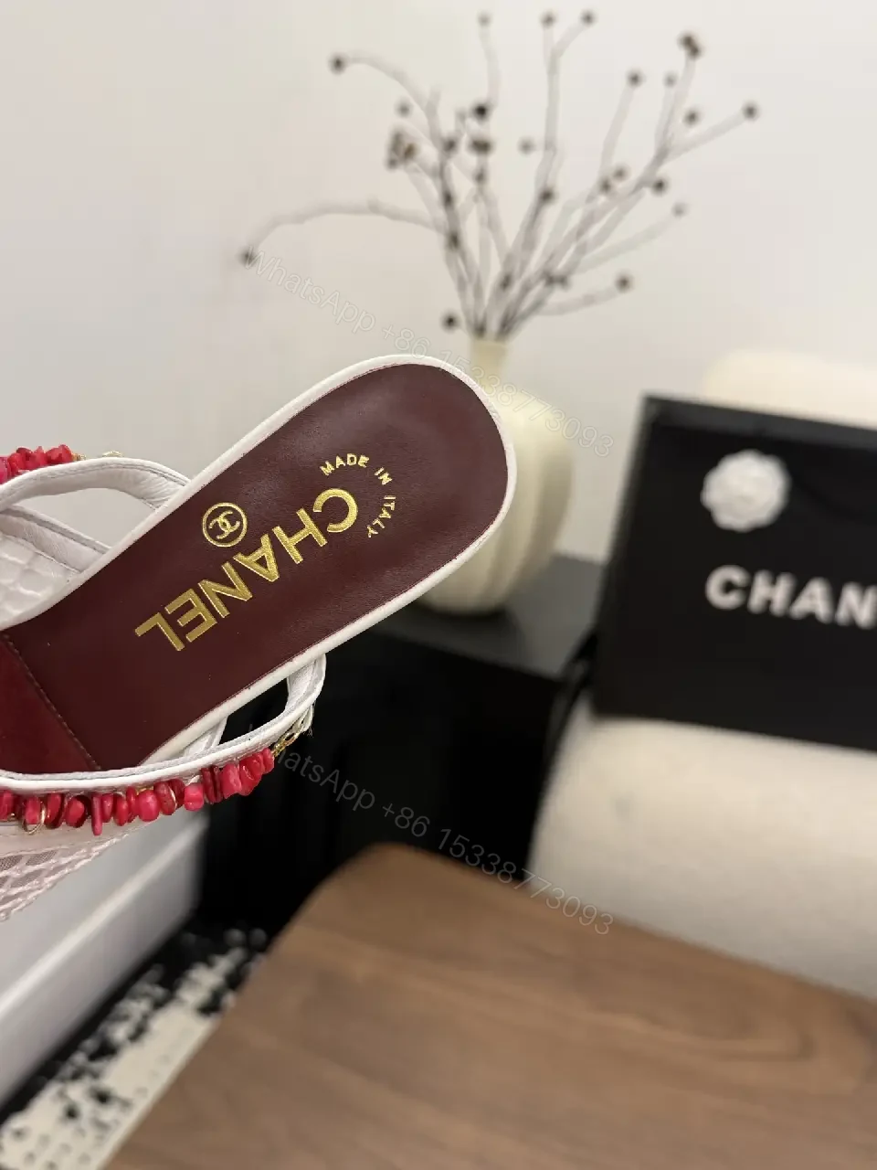 View 5 of White Mesh Slingback Heels with Red Bead Trim, Chanel Style