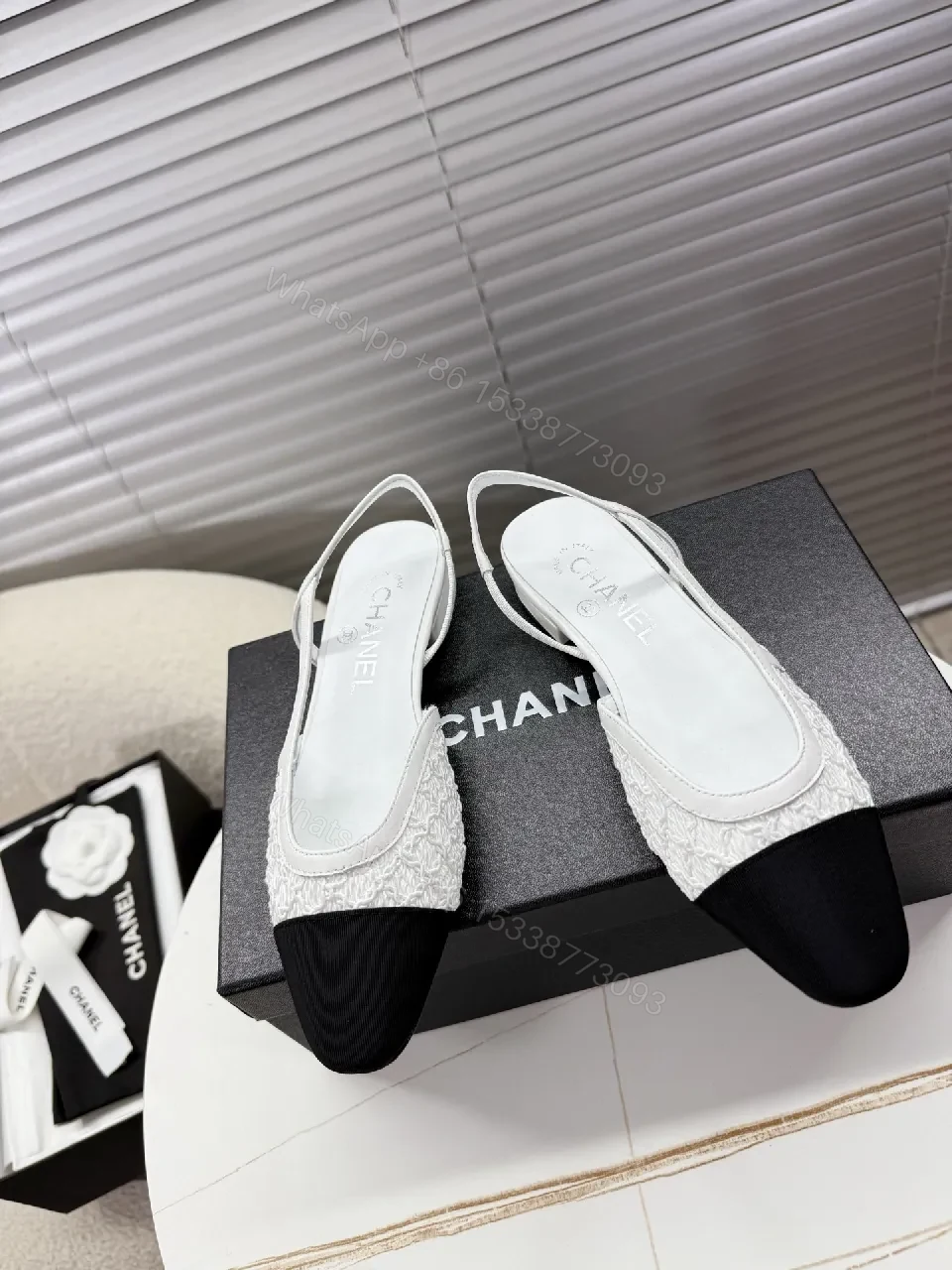 View 5 of Textured Knit Slingback Flats - Classic Black & White, Knit Accent, Flat Shoes