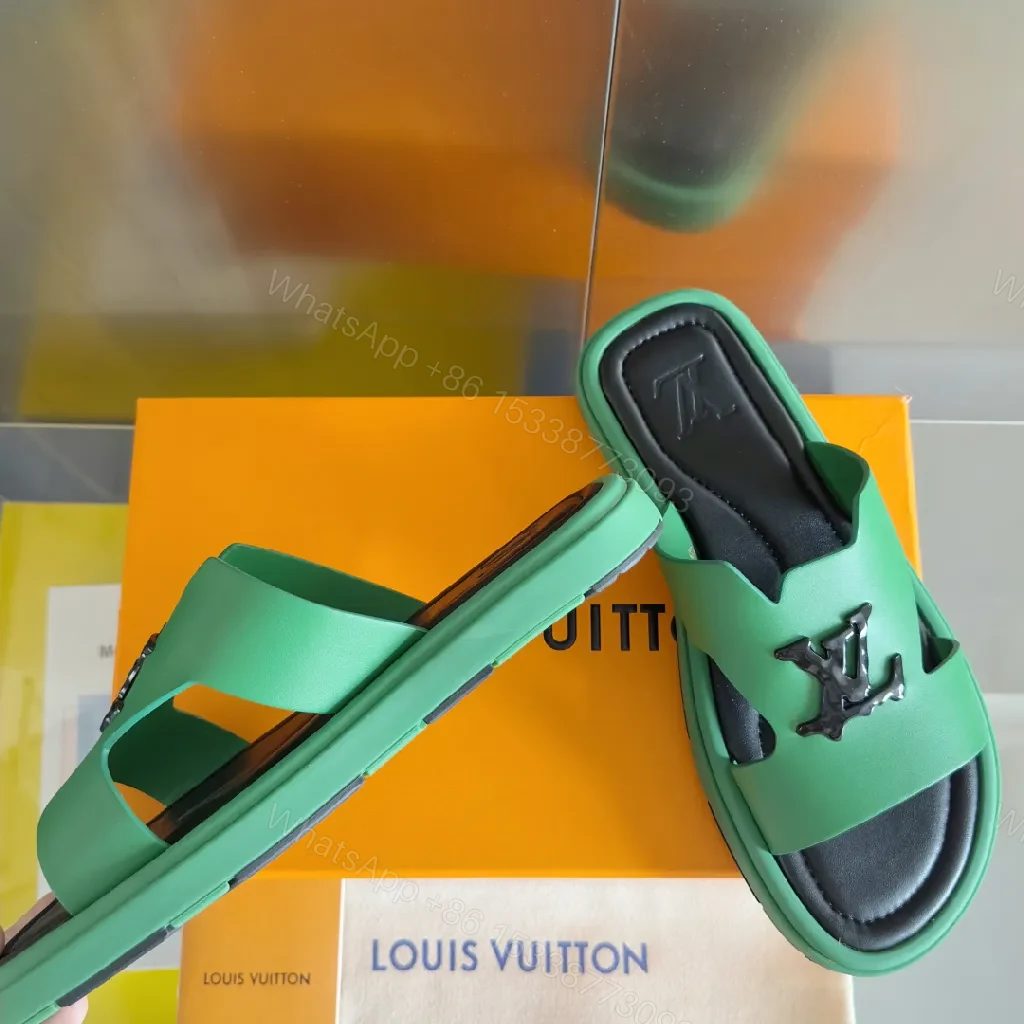 View 9 of Green Leather Sandals with Bold Logo, Comfort-Oriented Sandals