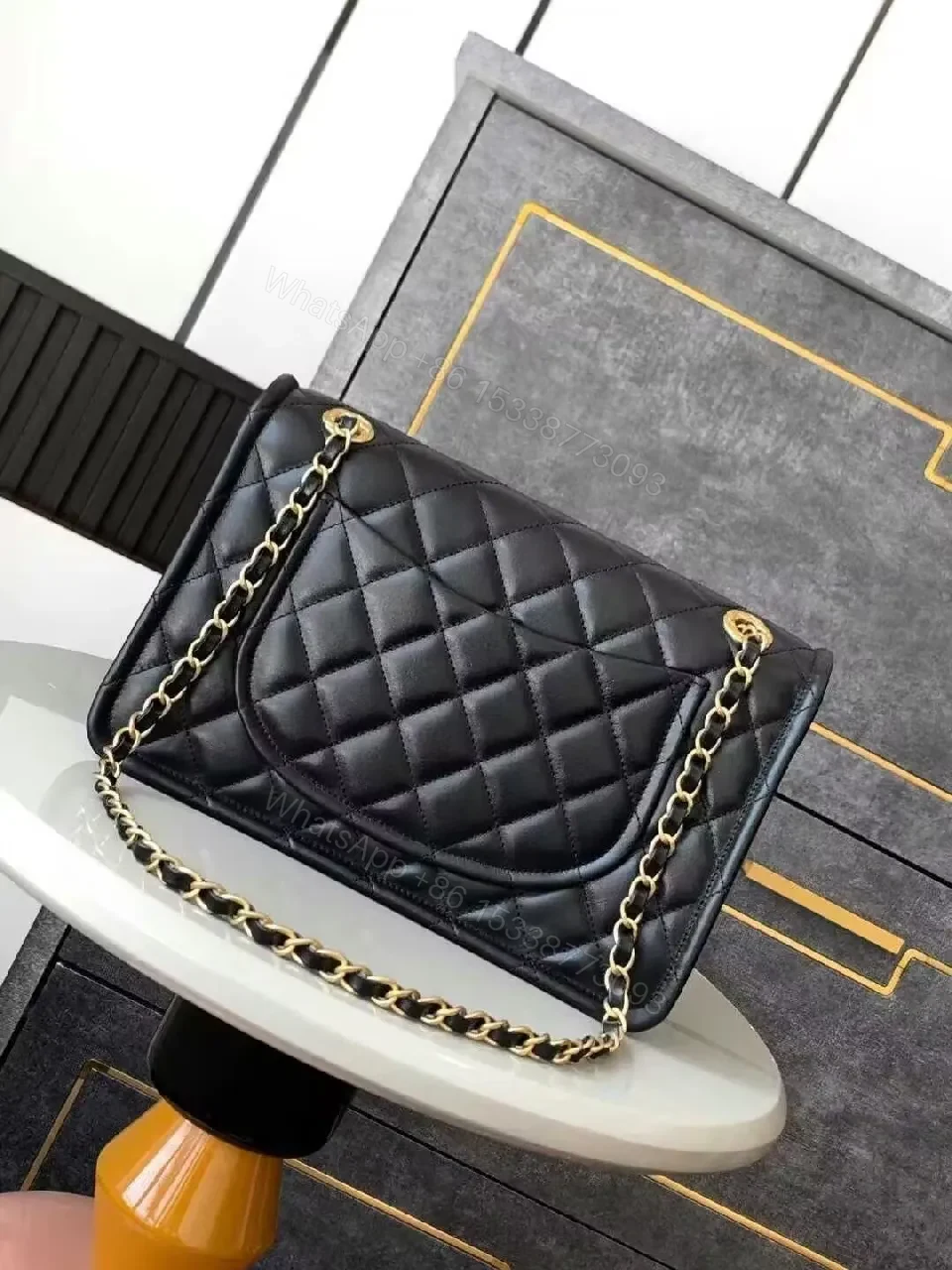 View 4 of Quilted Leather Flap Bag with Gold Chain, Compact Luxury