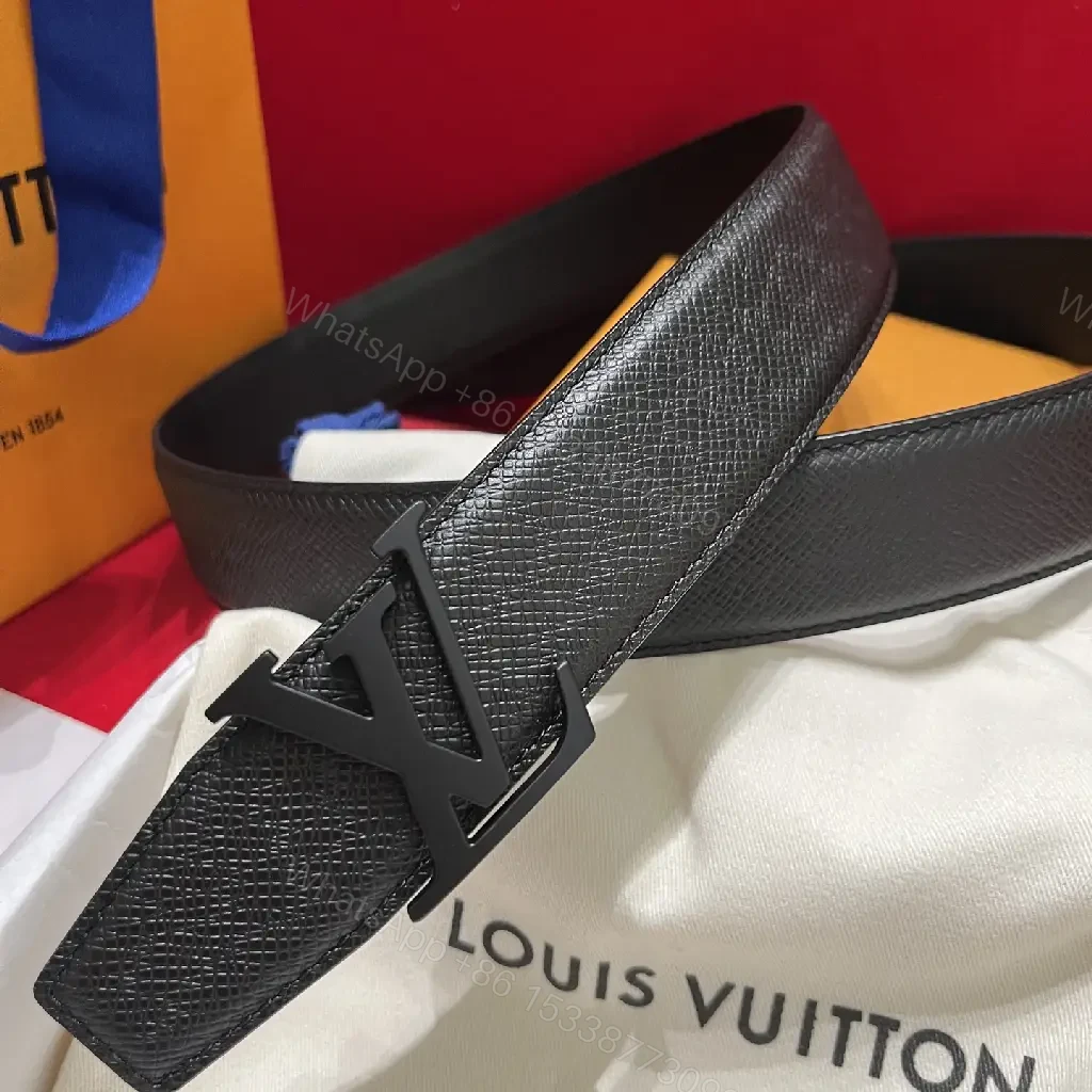 View 2 of Black Pebbled Leather Belt with LV Buckle, Classic Style