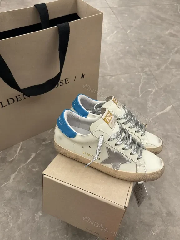 View 5 of Premium Off-White + Leather Sneaker with Blue Heel & Star Details