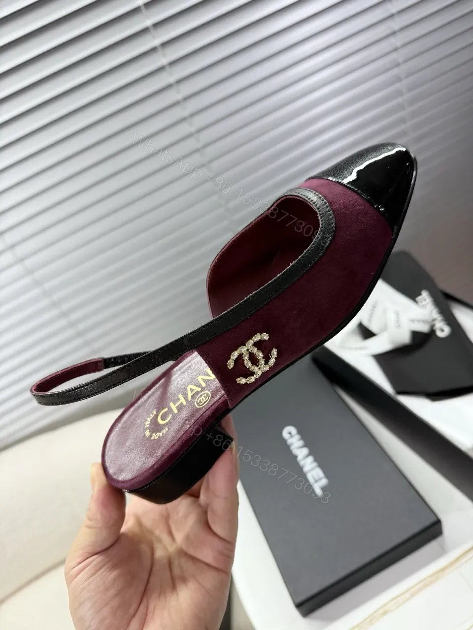 View 4 of Velvet Burgundy Slingback Mules with Patent Cap Toe