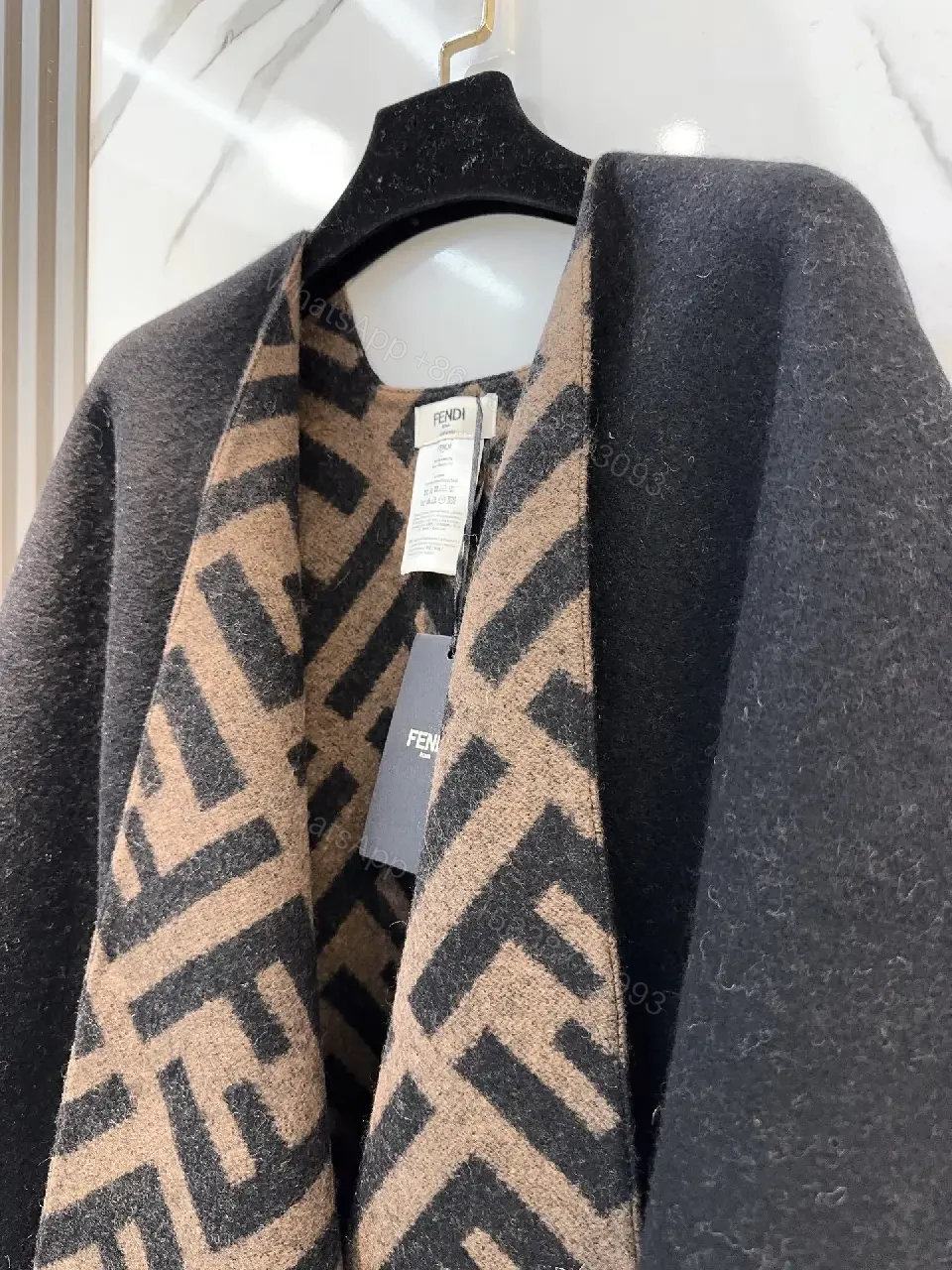 View 6 of Chic Monogram Wool Poncho with Fringe Details