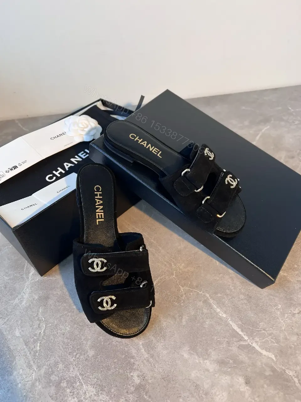 View 8 of Black Velvet Slide Sandals with Signature Hardware