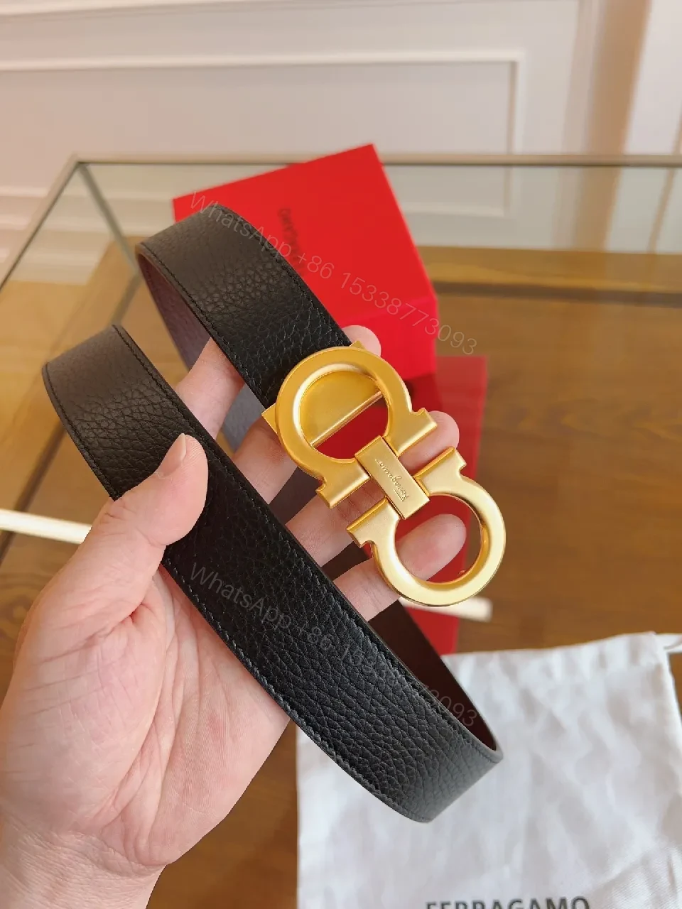 View 8 of Chic Black Leather Belt with Gold Interlocking Buckle