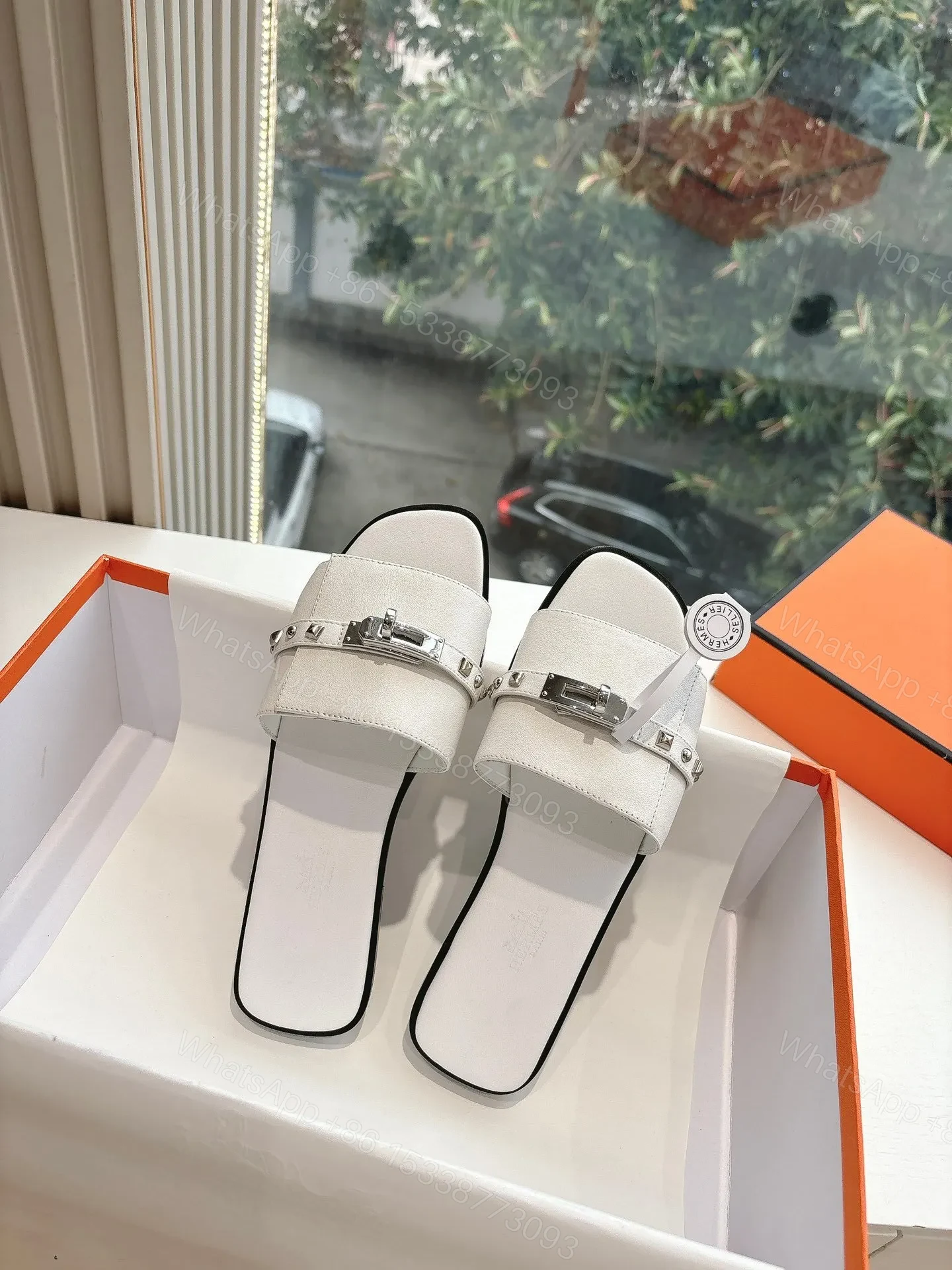 View 5 of Hermes Women White Leather Slide Sandals