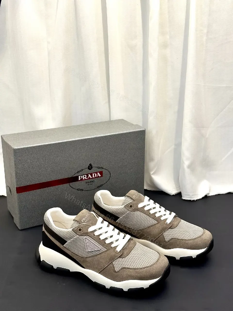 View 4 of Beige Mesh & Suede Sneakers, Chunky Sole, Prada Style