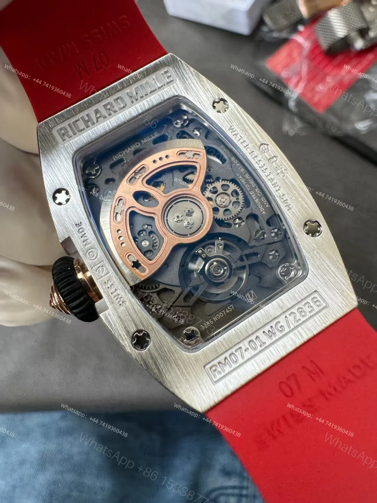 View 11 of Super Clone Richard Mille RM 07 Full Diamond 1:1 Replica Watch with Red Rubber Strap