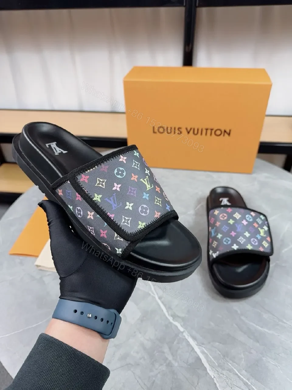 Rainbow Monogram Slide, Premium Comfort, Luxury Casual Slip-On — view 1