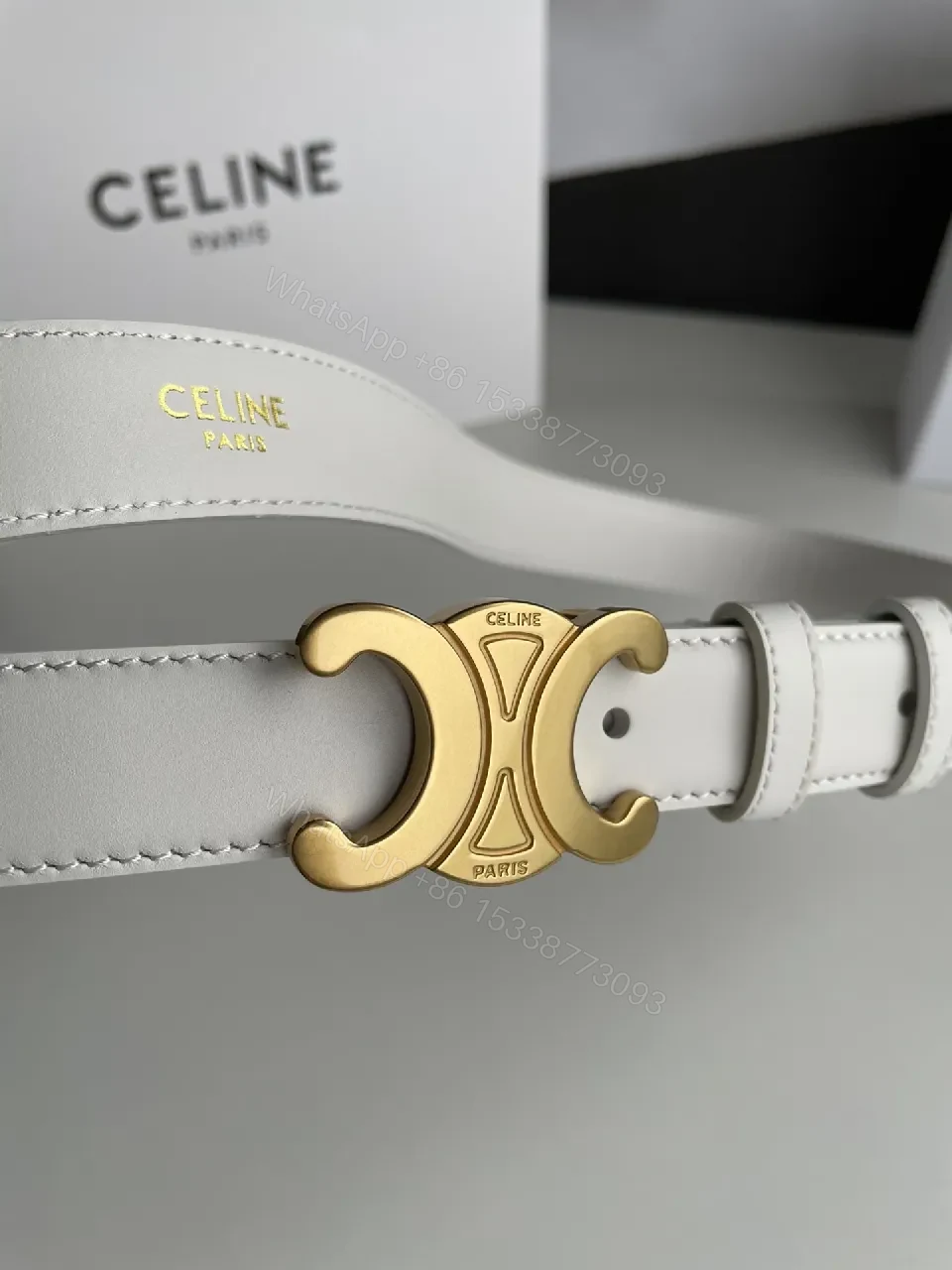 View 7 of White Leather Belt with Gold Buckle, Luxury Minimalist Style