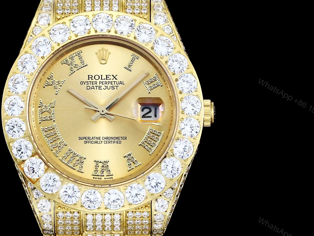 View 2 of Rolex Day-Date Gold Champagne Iced Replica 42MM Premium Full Gold Bracelet Champagne Dial Edition RG-ROLEX-DD-GOLD-CHAMP-ICED-FULL-42