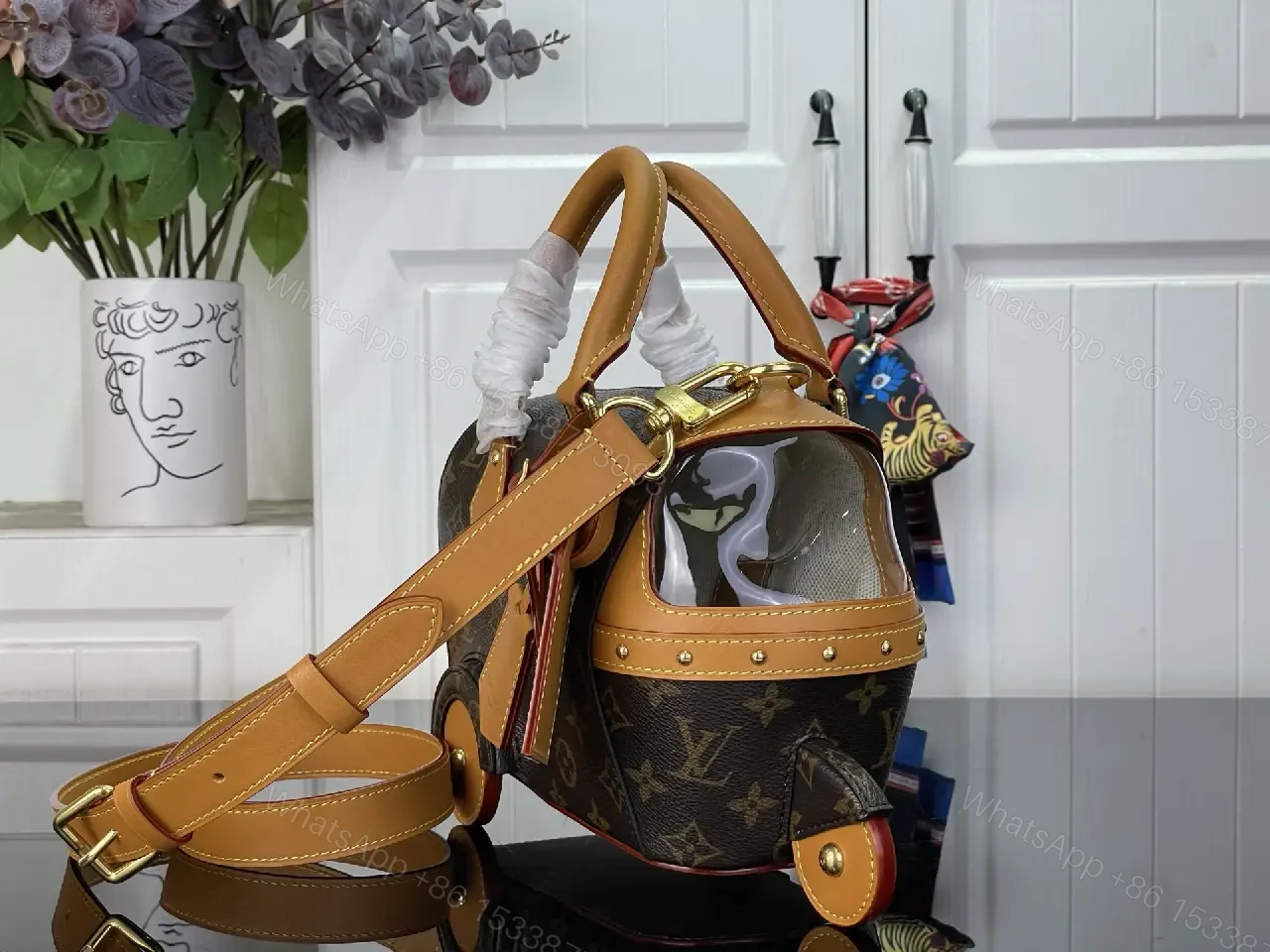 View 2 of Dark Brown LV Monogram Rolling Handbag with Tan Leather Trims