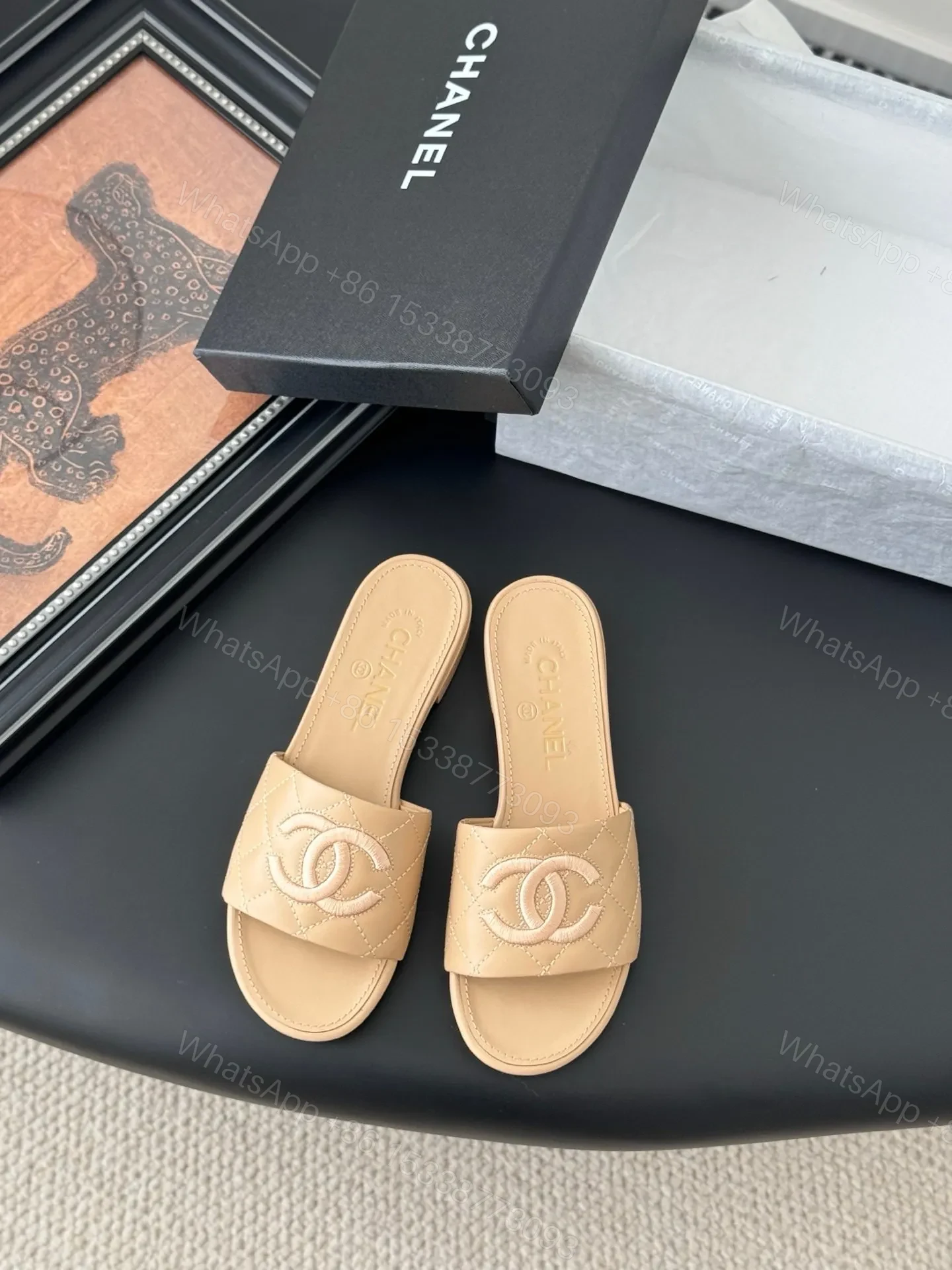 Chanel Women Beige Quilted Leather Slides — view 1
