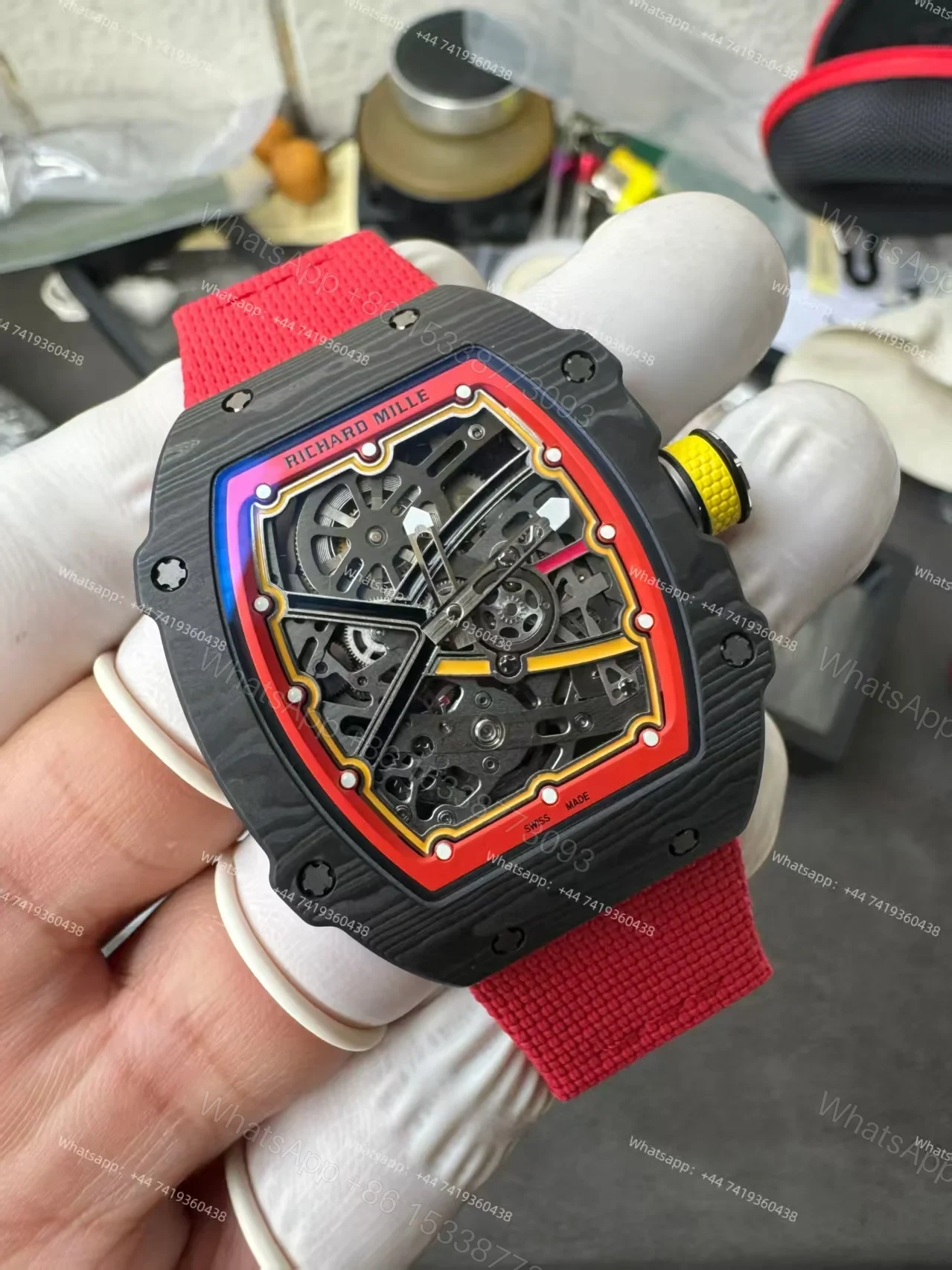 View 6 of Super Clone Richard Mille RM67-02 Carbon TPT Skeleton Tourbillon 1:1 Replica Watch with Red Strap