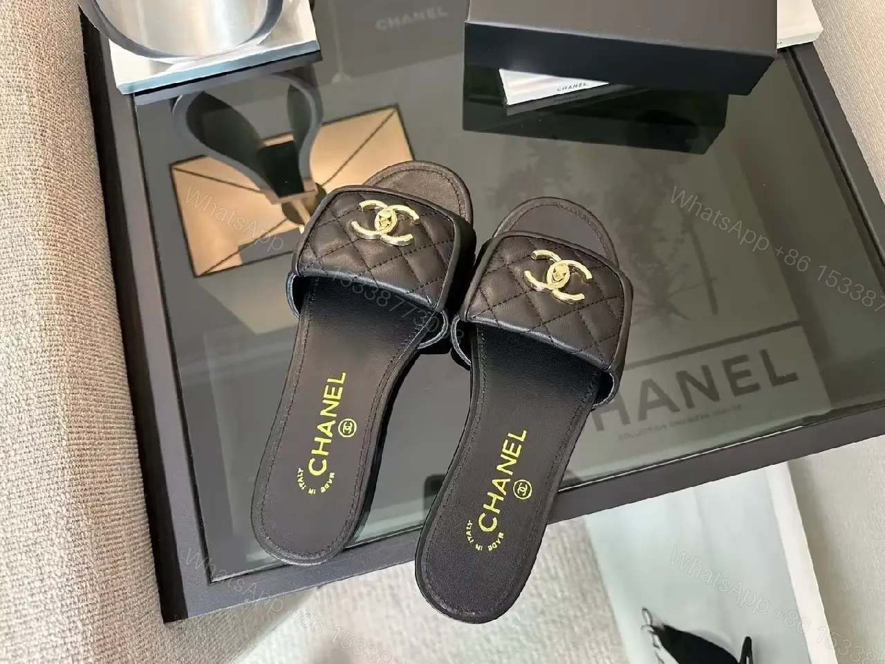 View 6 of Quilted Quinn Slides: Black + Gold Logo, Ultra-Comfort Slide