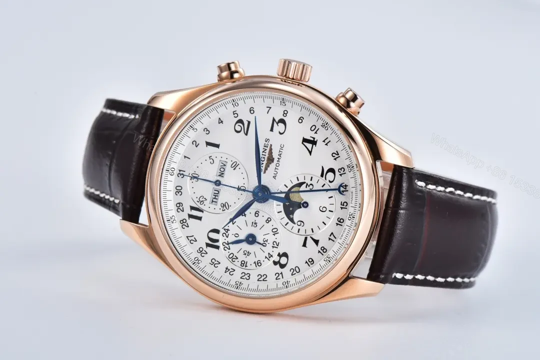 View 5 of Longines Master Collection Moonphase Chronograph Watch Rose Gold with White Dial and Brown Leather Strap