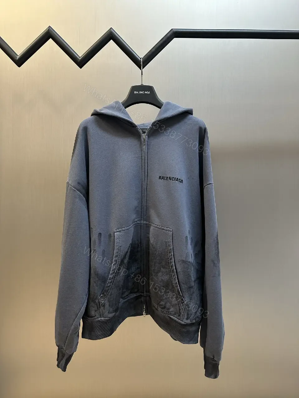 Slate Cotton-Blend Zip Hoodie with Textured Pockets — view 1