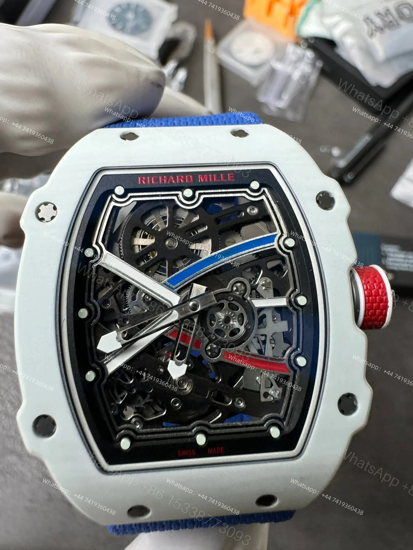 View 4 of Super Clone Richard Mille RM67-02 White Ceramic Skeleton Tourbillon 1:1 Replica Watch with Blue Strap