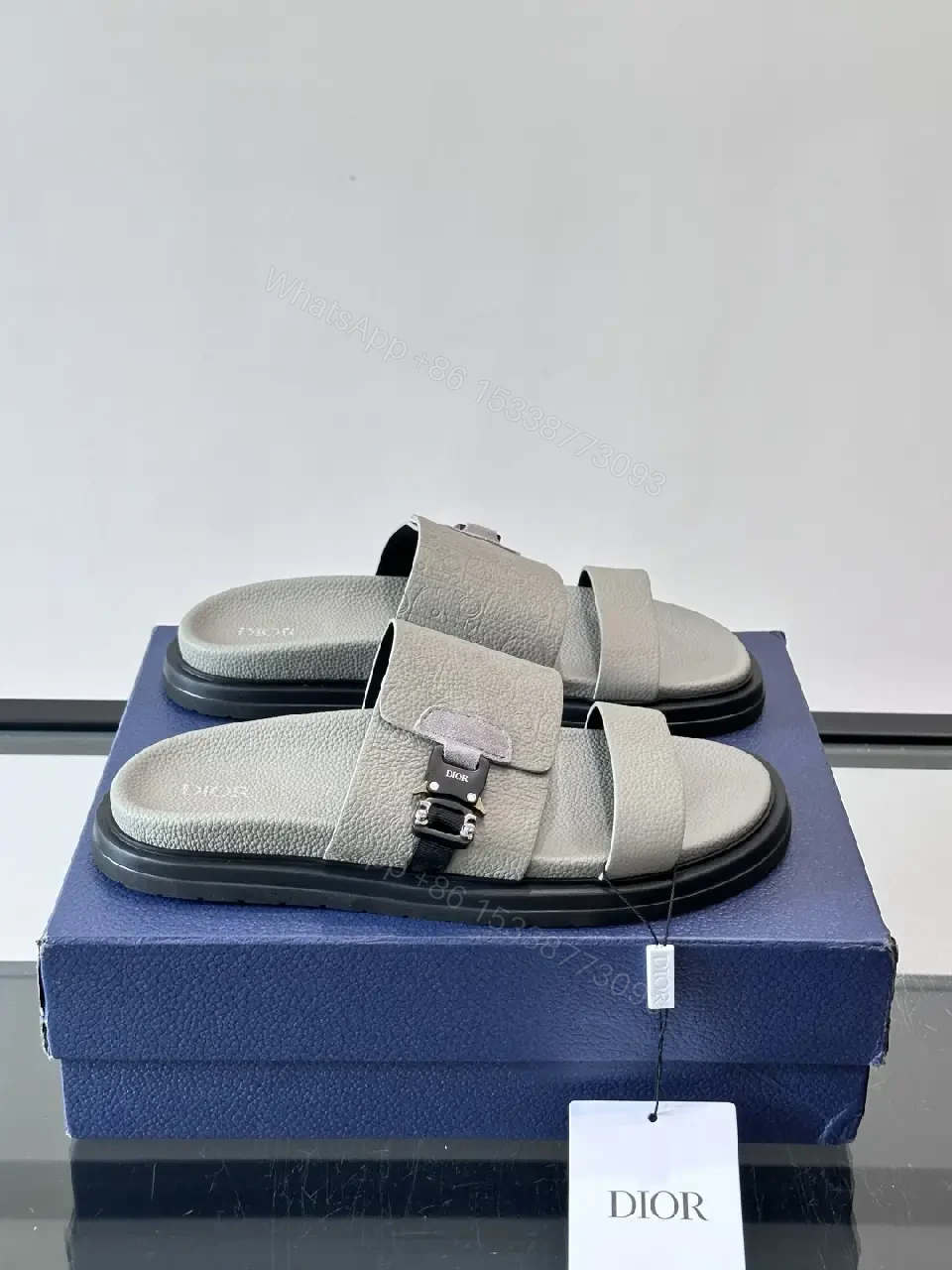 View 4 of Gray Leather Slides Buckle Feature Dior Sandals