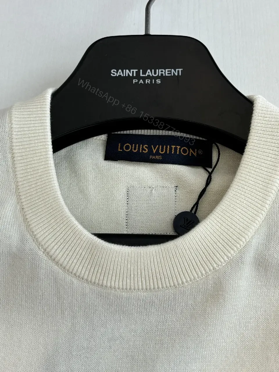 View 6 of White Cotton T-Shirt, Graphic Hand Sign, Casual Style, Louis Vuitton Accent
