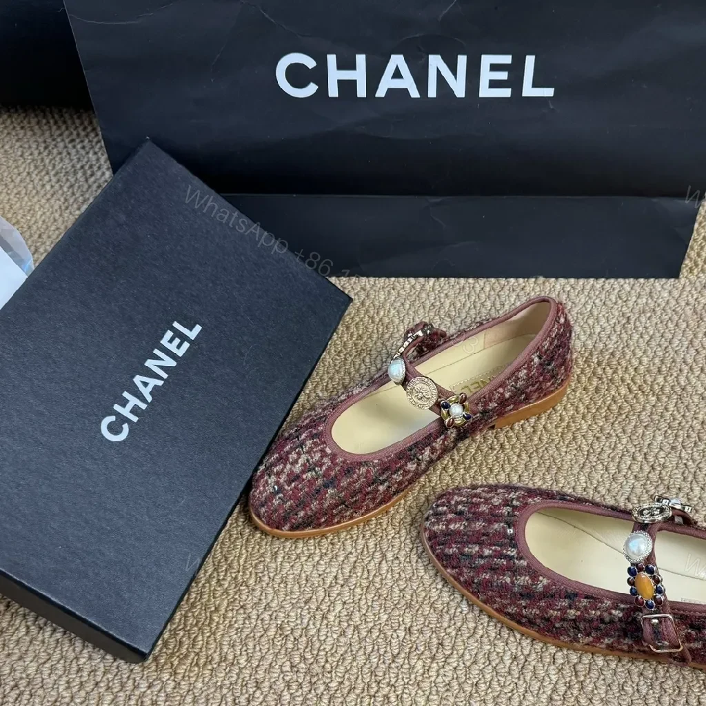 View 9 of Tweed Ballet Flats with Embellished Strap - Luxe Comfort Flats